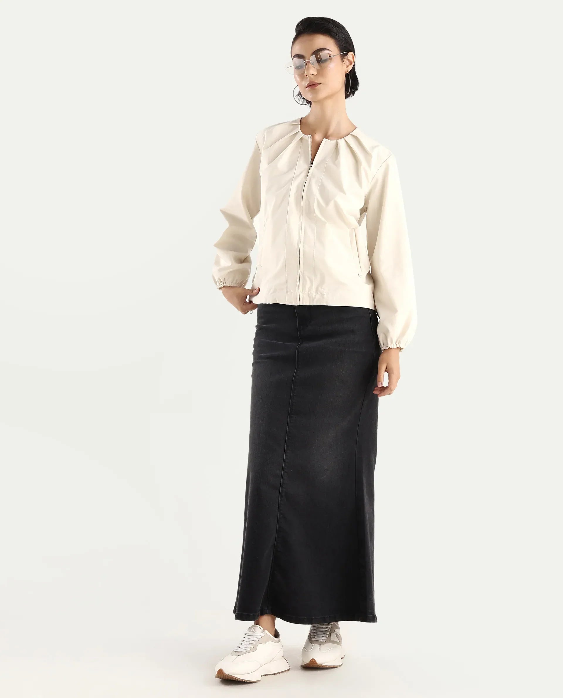 Rareism Women's Dockly Beige Crew Neck Plain Regular Fit Jacket