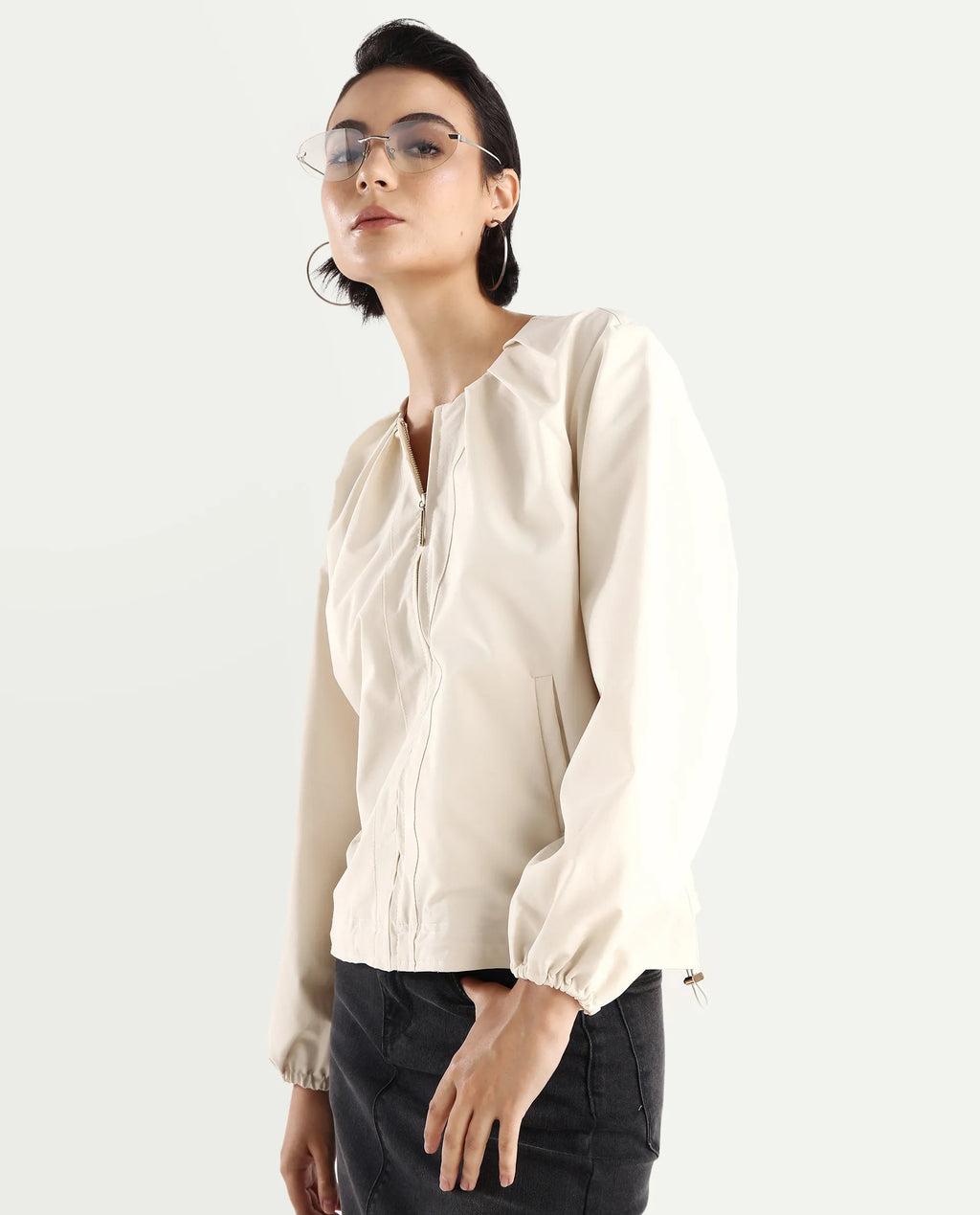 Rareism Women's Dockly Beige Crew Neck Plain Regular Fit Jacket