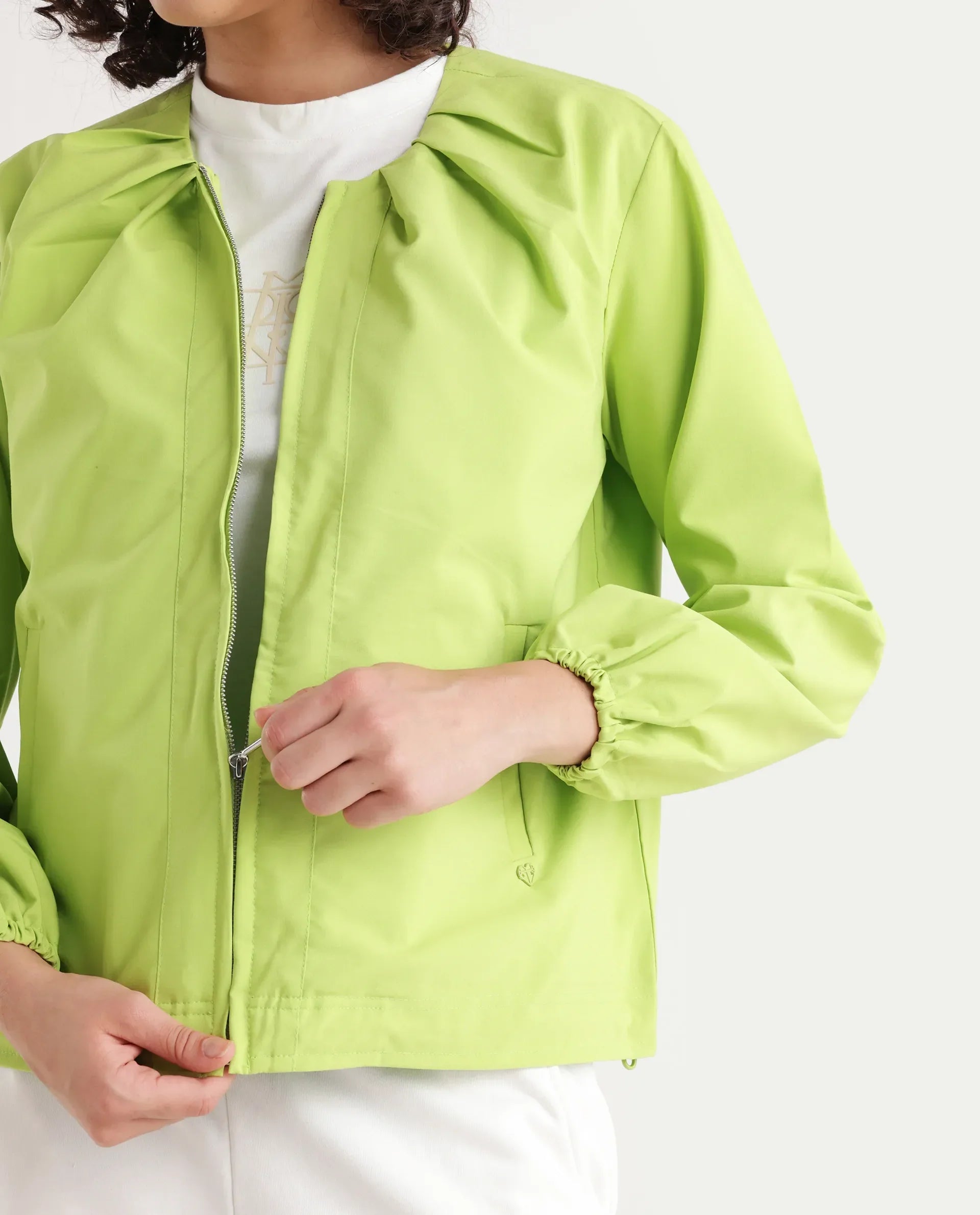 Rareism Women's Dockly Green Round Neck Plain Regular Fit Jacket