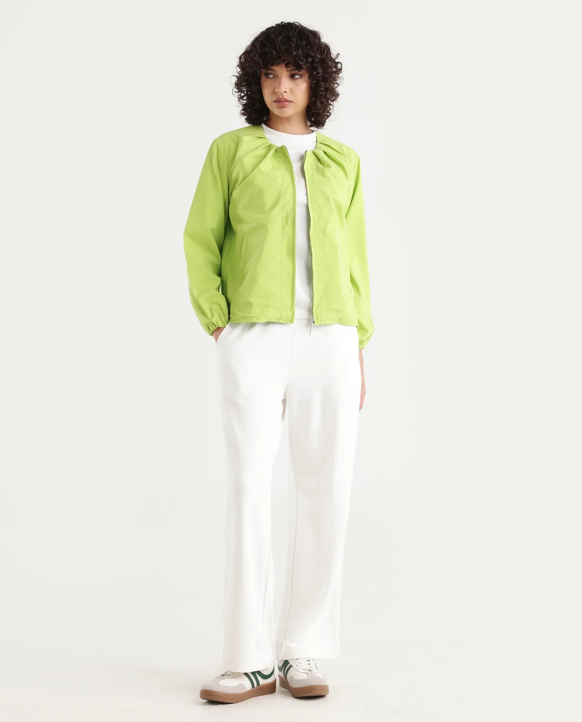 Rareism Women's Dockly Green Round Neck Plain Regular Fit Jacket
