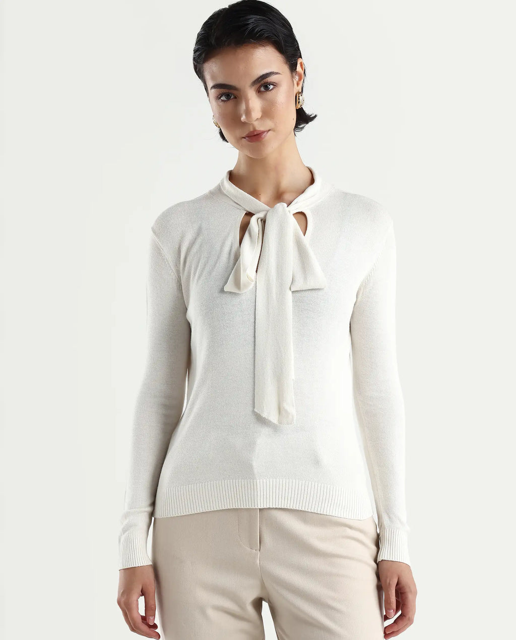 Rareism Women's Dolce White Viscose Tie-Up Neck Plain Regular Fit Sweater