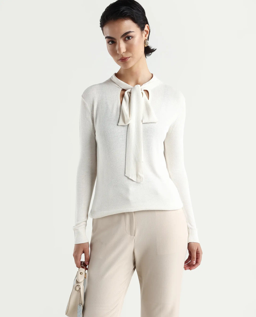 Rareism Women's Dolce White Viscose Tie-Up Neck Plain Regular Fit Sweater