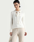 Rareism Women's Dolce White Viscose Tie-Up Neck Plain Regular Fit Sweater
