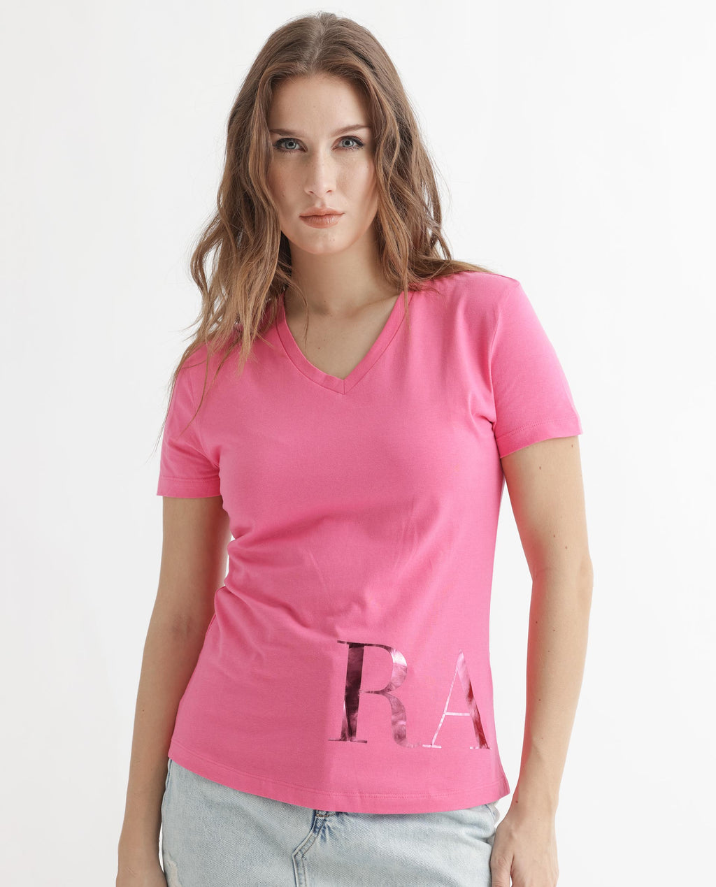Rareism Women's Donovan Pink Cotton Crew Neck Graphic Print Regular Fit T-Shirt