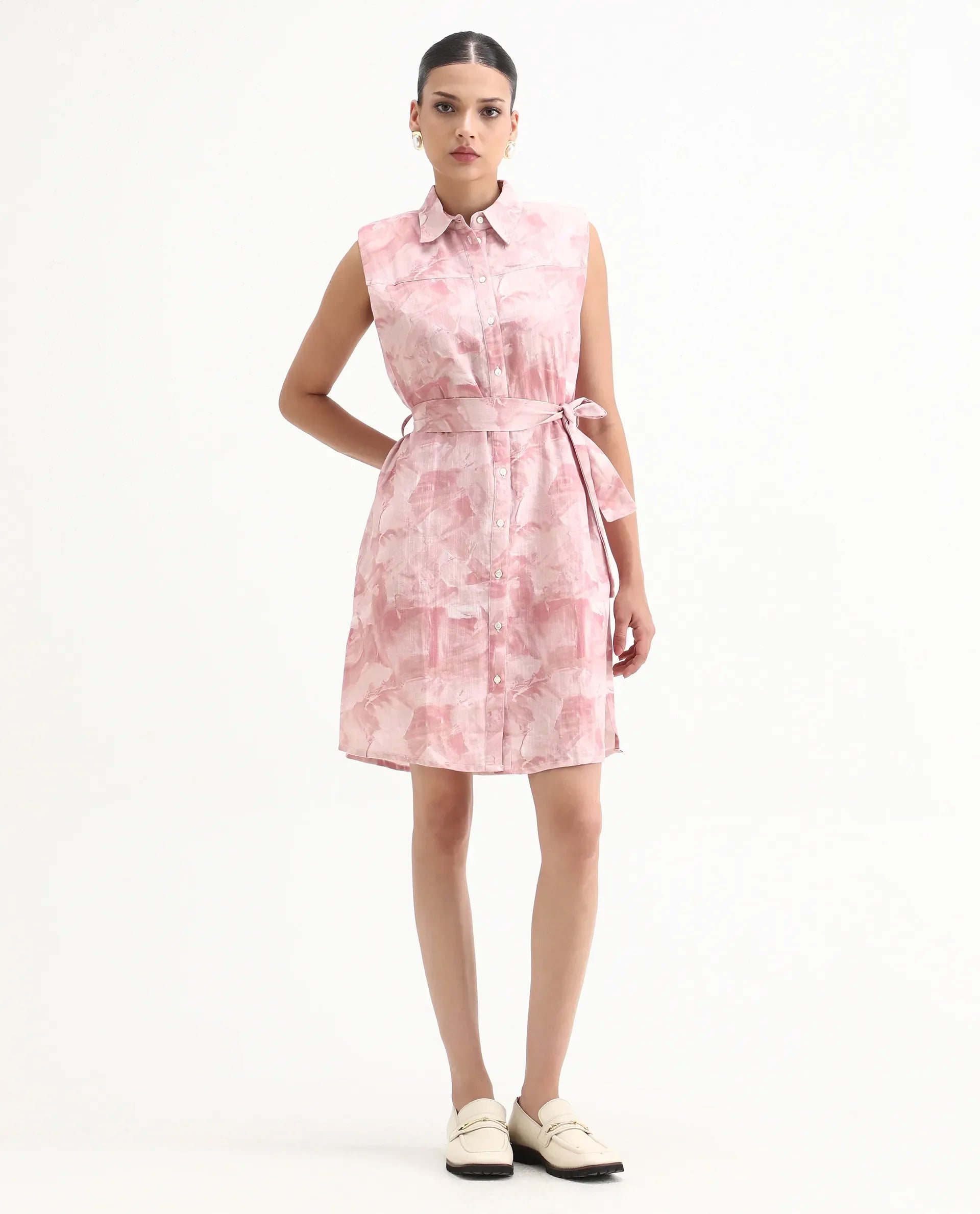 Rareism Women's Doremi Pink Linen Spread Collar Abstract Print Sleeveless Knee Length Regular Fit Dress