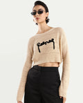 Rareism Women's Dorthi Off White Acrylic Boat Neck Plain Crop Relaxed Fit Top