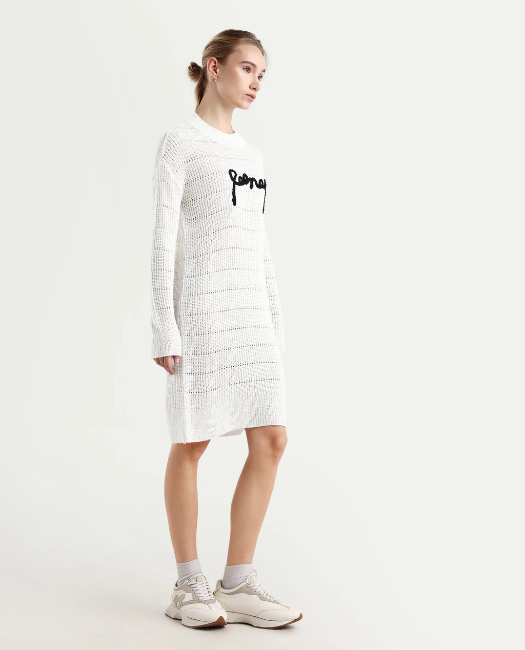 Rareism Women's Dorthiya Off White Crew Neck Plain Knee Length Straight Fit Dress