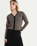 Rareism Women's Dortyol Black Viscose V-Neck Geometric Print Regular Fit Sweater