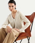 Rareism Women's Dortyol Off White Viscose V-Neck Geometric Print Regular Fit Sweater