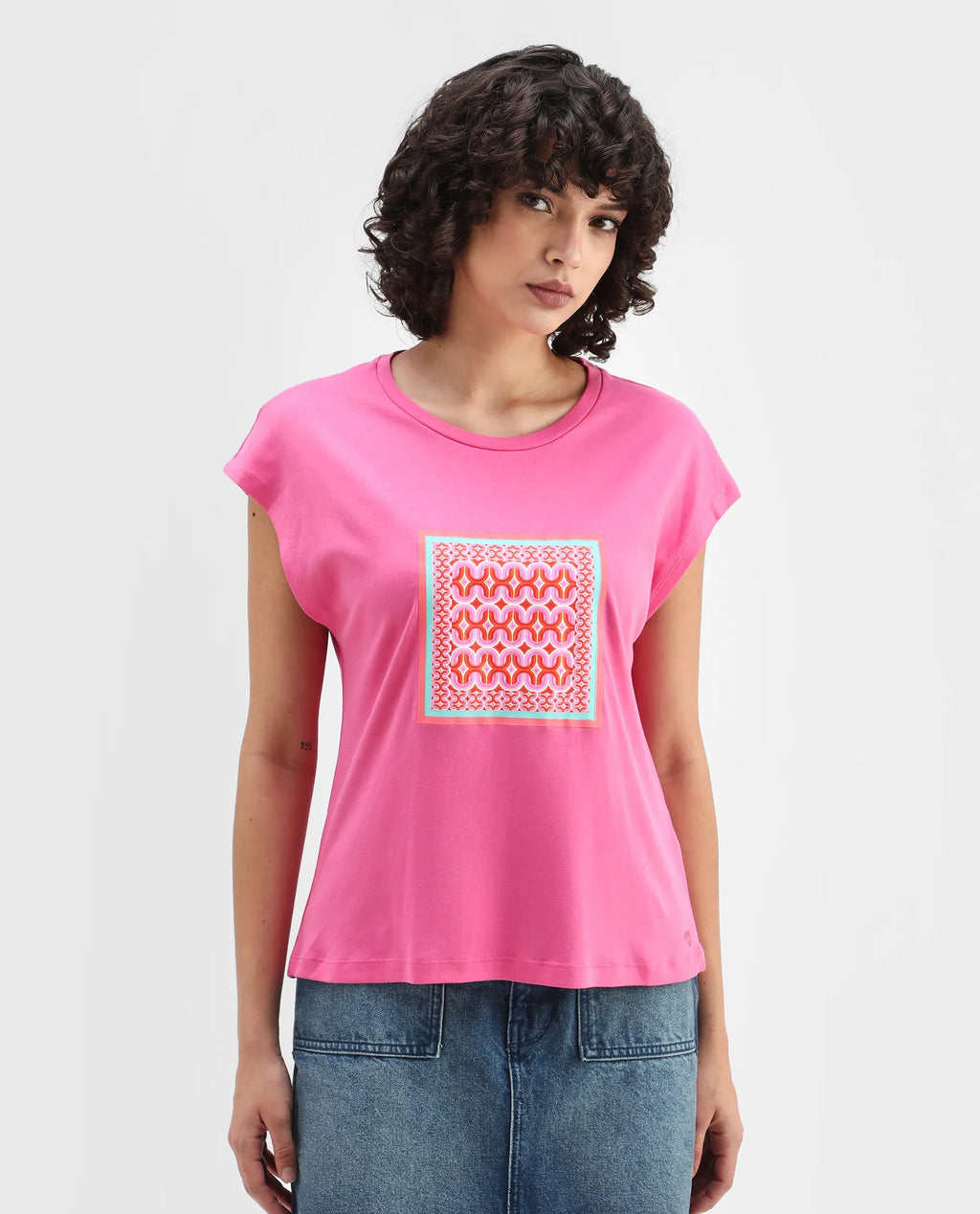 Rareism Women's Drelia Pink Cotton Crew Neck Graphic Print Extended Sleeves Regular Fit T-Shirt