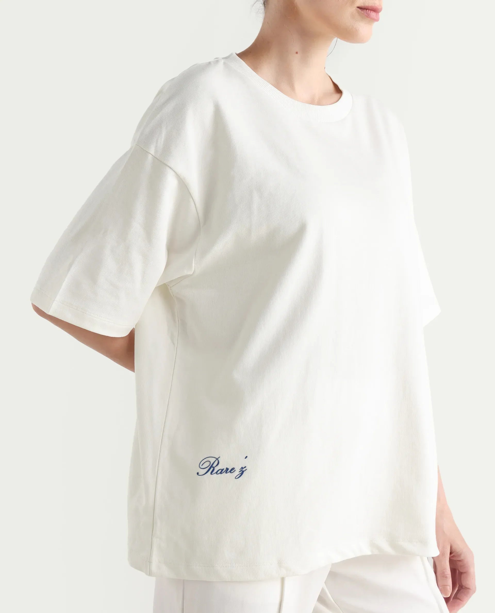 Rareism Women's Droako Off White Cotton Graphic Print Oversized T-Shirt