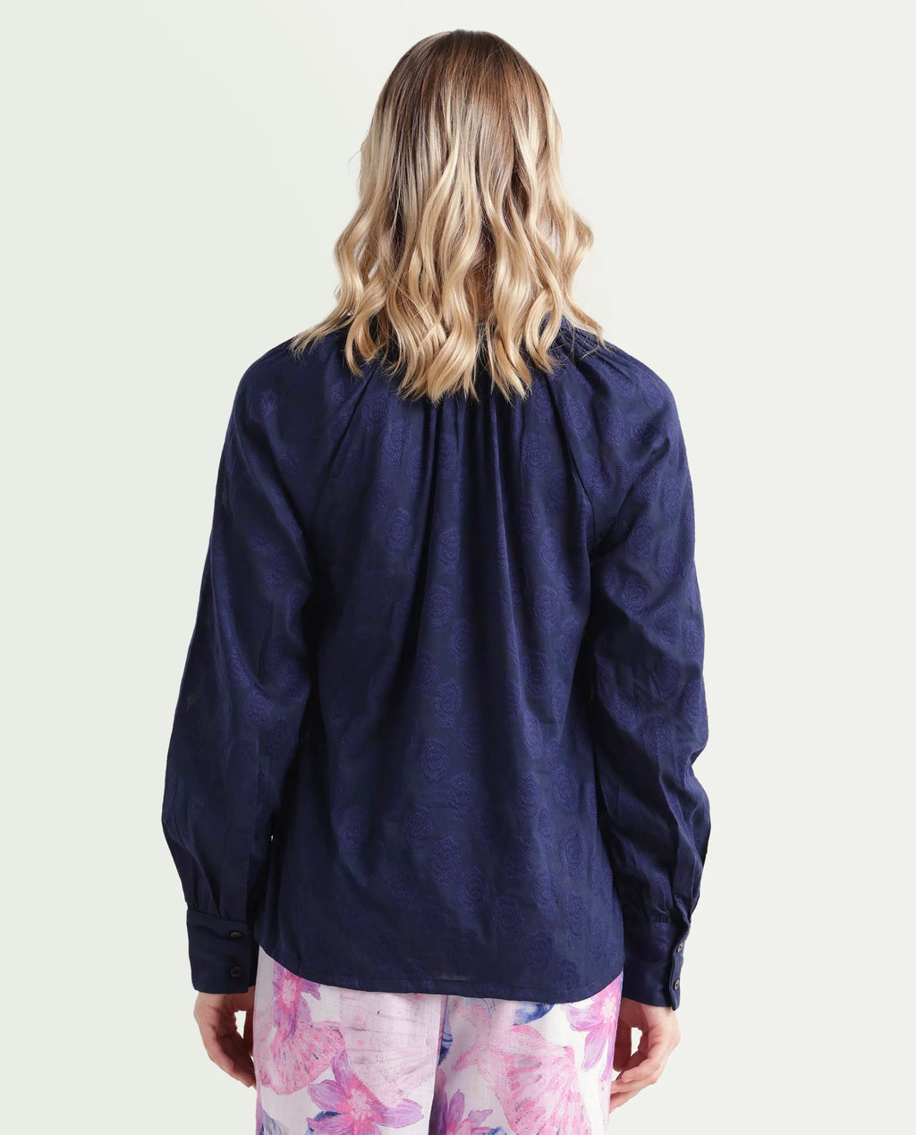 Rareism Women's Droff Dark Blue Polyester Mandarin Collar Floral Print Cuffed Sleeve Regular Fit Top