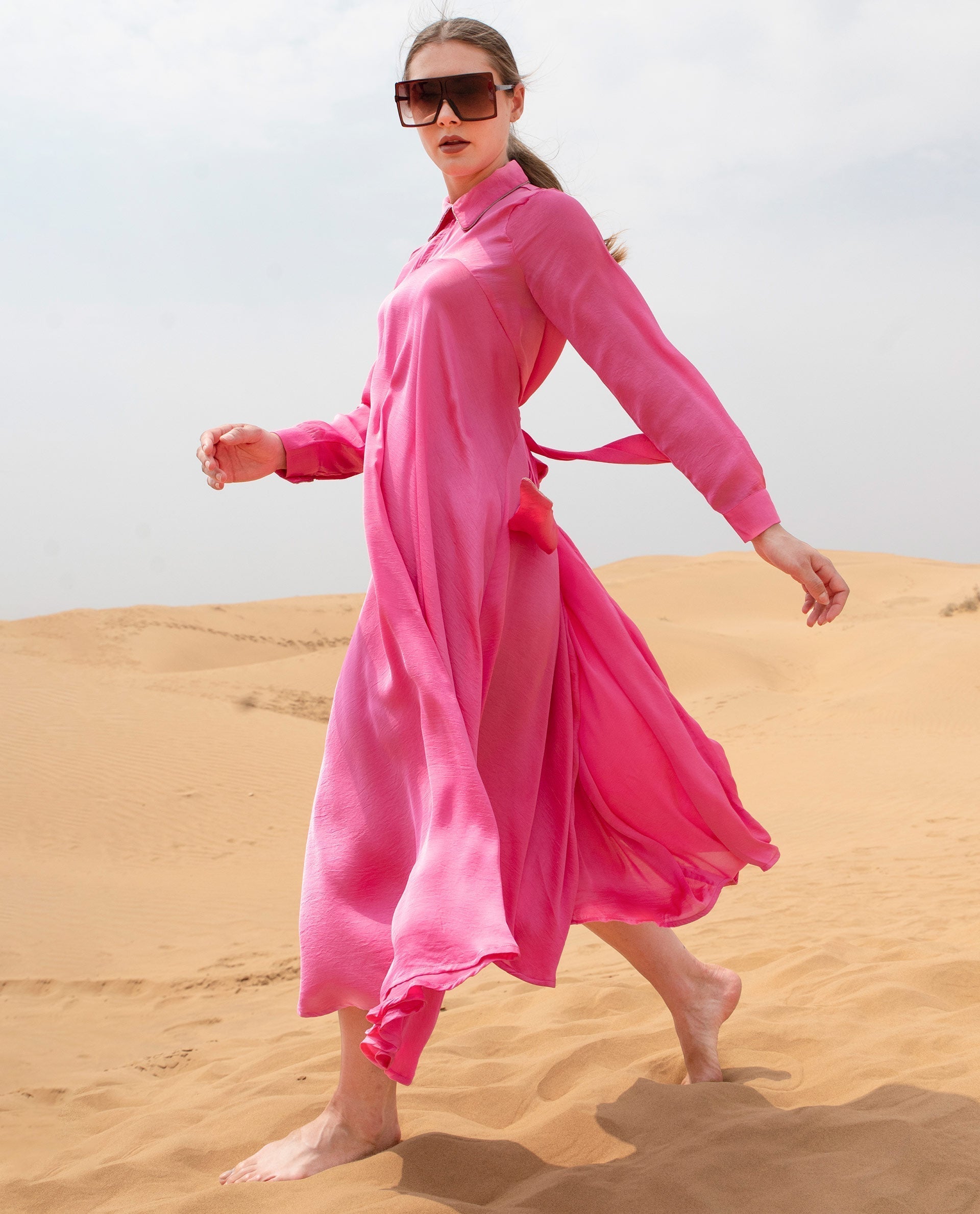 Rareism Women's Galaxyy Pink Modal Spread Collar Plain Maxi Regular Fit Dress