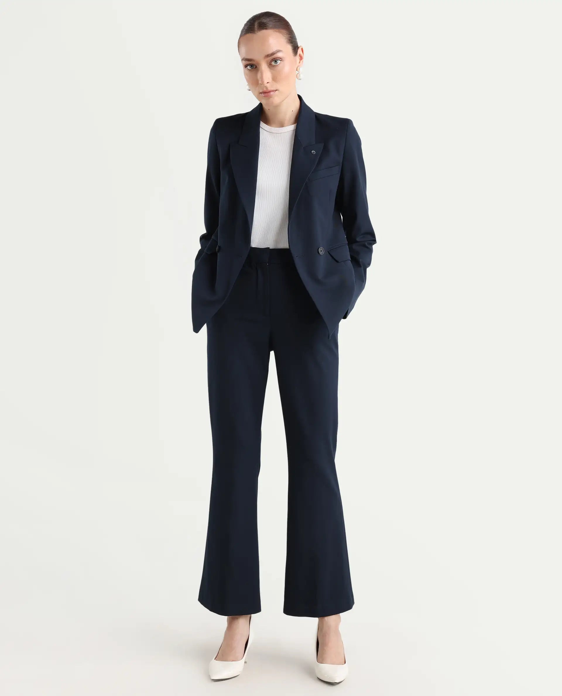 Rareism Women's Dublo Navy Polyester Blend Full Sleeve Lapel Collar Plain Blazer