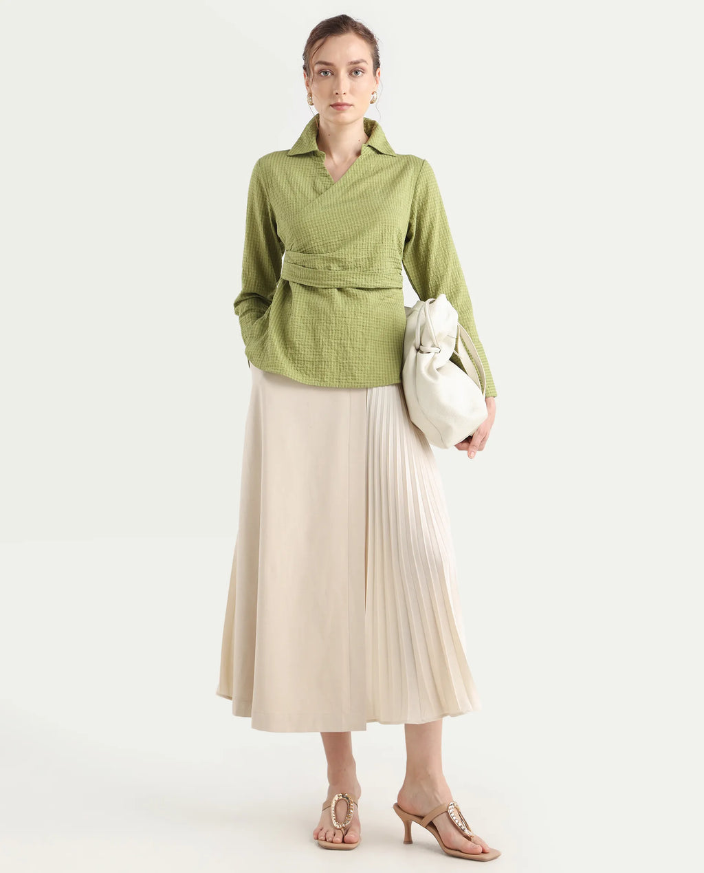 Rareism Women's Duna Olive Polyester Spread Collar Plain Cuffed Sleeve Regular Fit Top