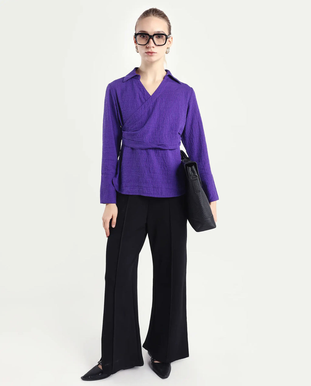 Rareism Women's Duna Purple Polyester Johnny Collar Plain Cuffed Sleeve Regular Fit Top
