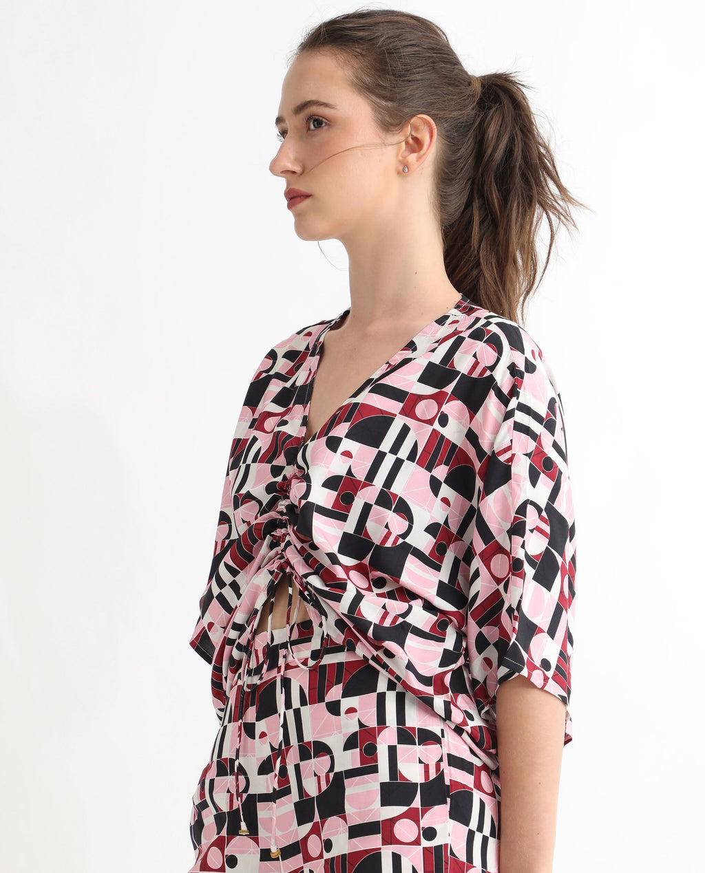 Rareism Women's Duncan Multi Viscose V-Neck Geometric Print Extended Sleeves Regular Fit Top