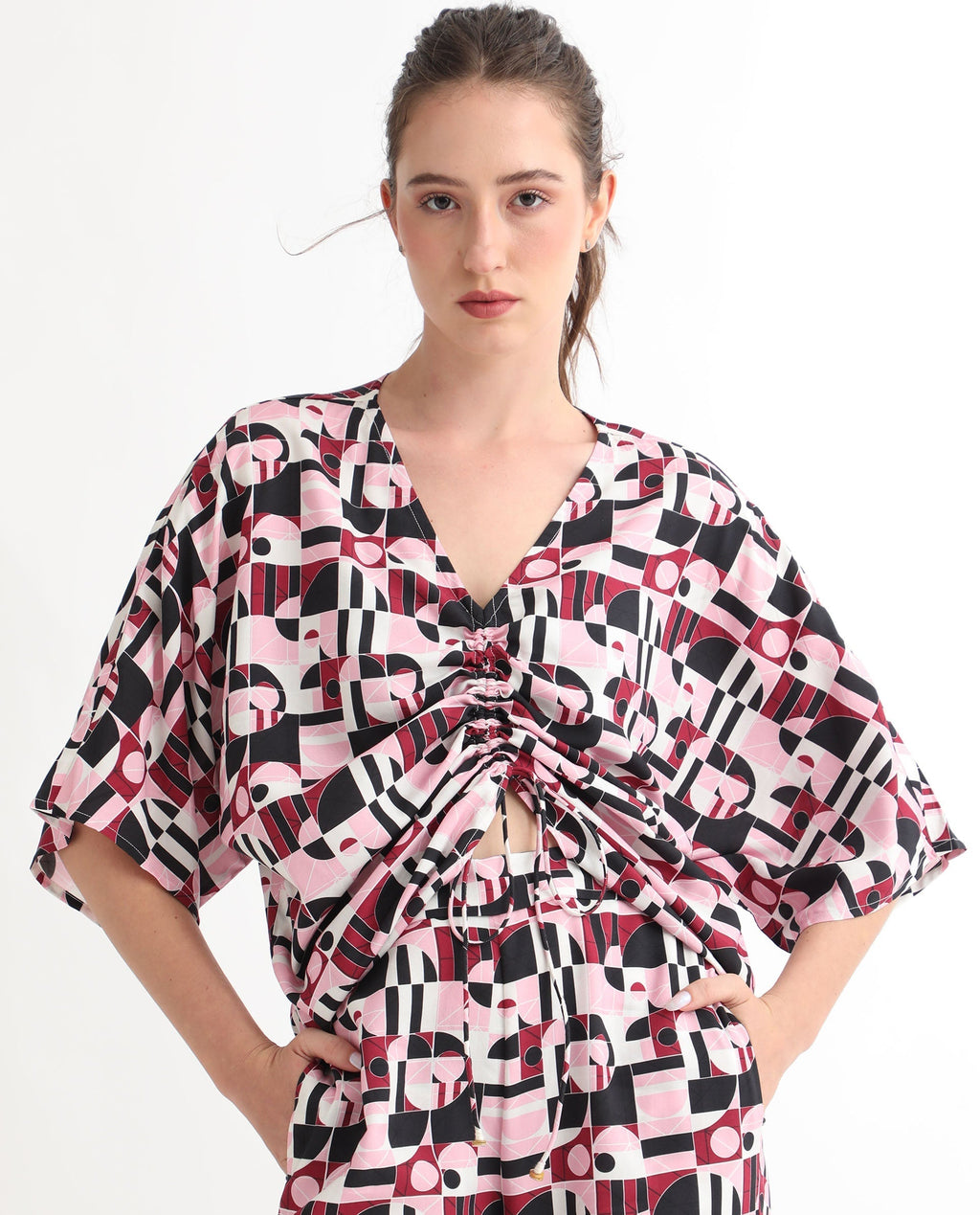 Rareism Women's Duncan Multi Viscose V-Neck Geometric Print Extended Sleeves Regular Fit Top