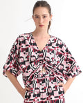 Rareism Women's Duncan Multi Viscose V-Neck Geometric Print Extended Sleeves Regular Fit Top
