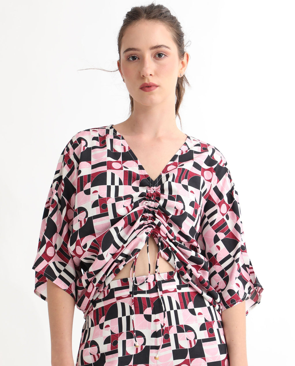 Rareism Women's Duncan Multi Viscose V-Neck Geometric Print Extended Sleeves Regular Fit Top