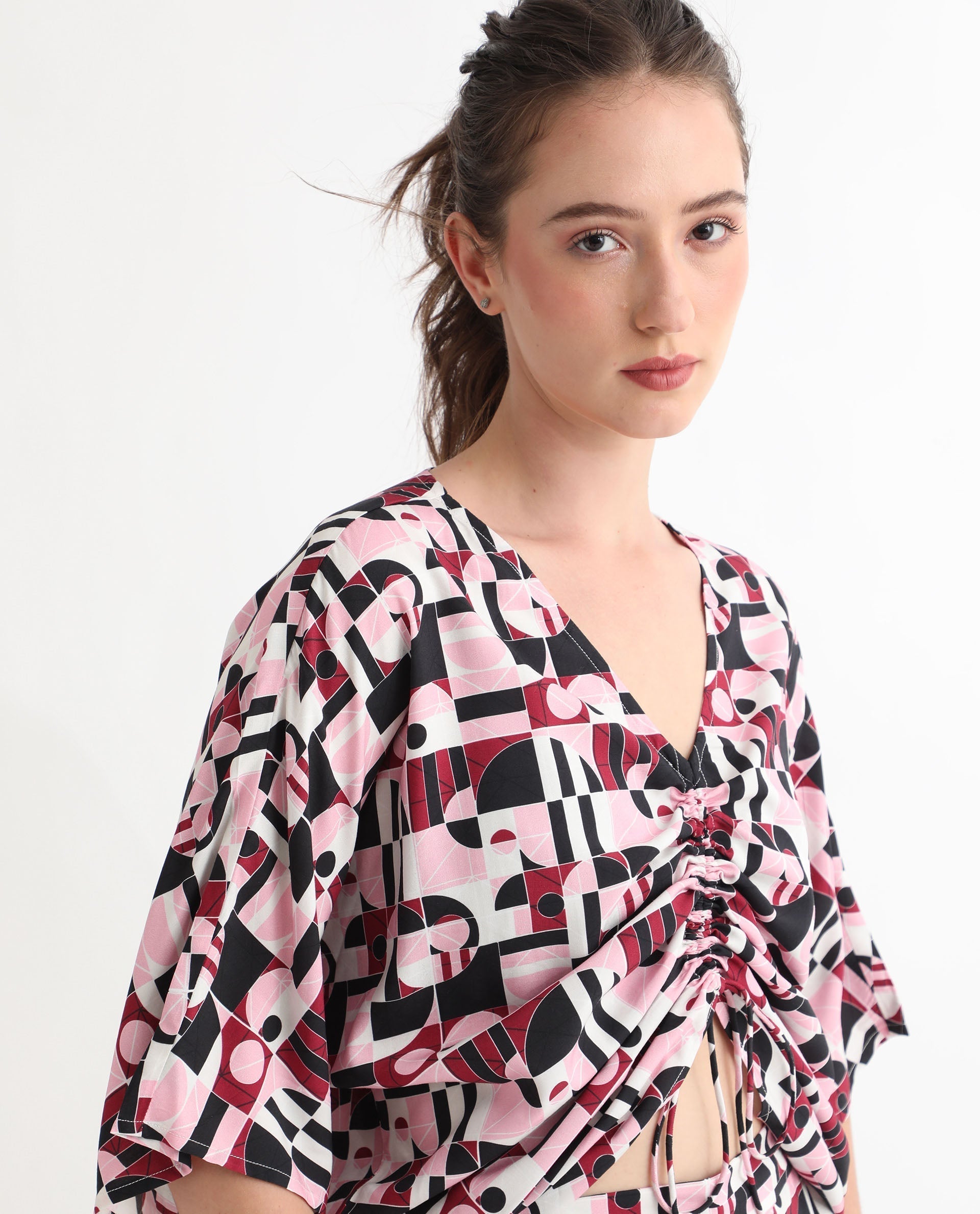Rareism Women's Duncan Multi Viscose V-Neck Geometric Print Extended Sleeves Regular Fit Top