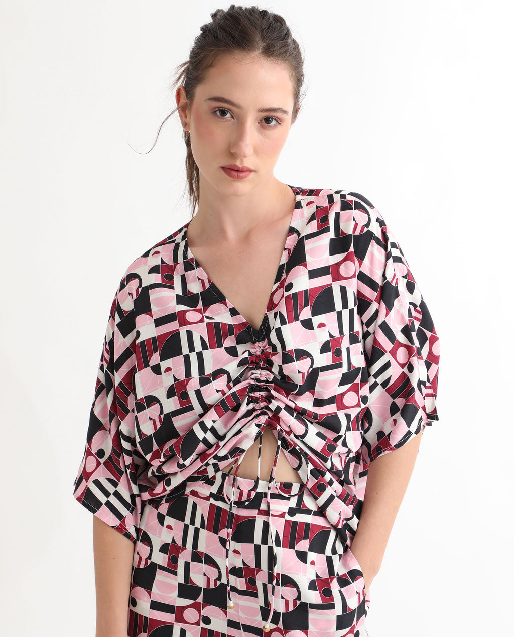 Rareism Women's Duncan Multi Viscose V-Neck Geometric Print Extended Sleeves Regular Fit Top