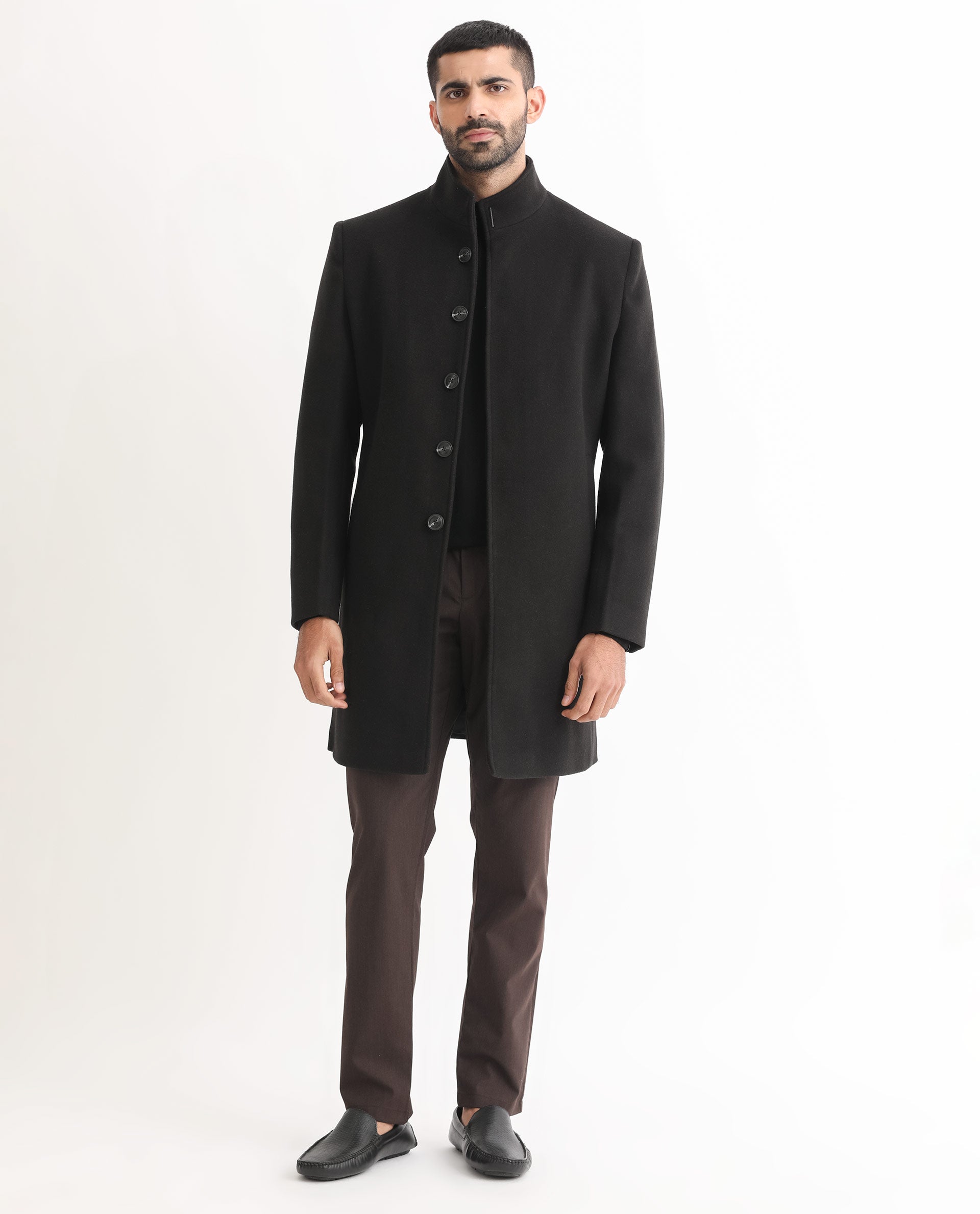 Rare Rabbit Men's Dune Black Polyester Plain Tailored Fit Full Sleeve Mandarin Collar Coat