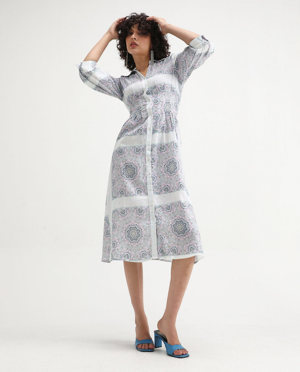 Rareism Women's Dusturn Multi Cotton Blend Drop Collar Bandana Print Cuffed Sleeve Maxi Fit And Flare Dress
