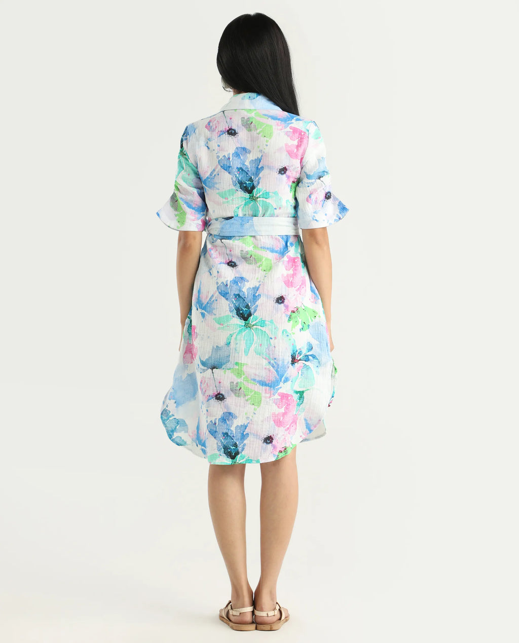 Rareism Women's Dyusa Multi Cotton Drop Collar Floral Print Knee Length A-Line Dress