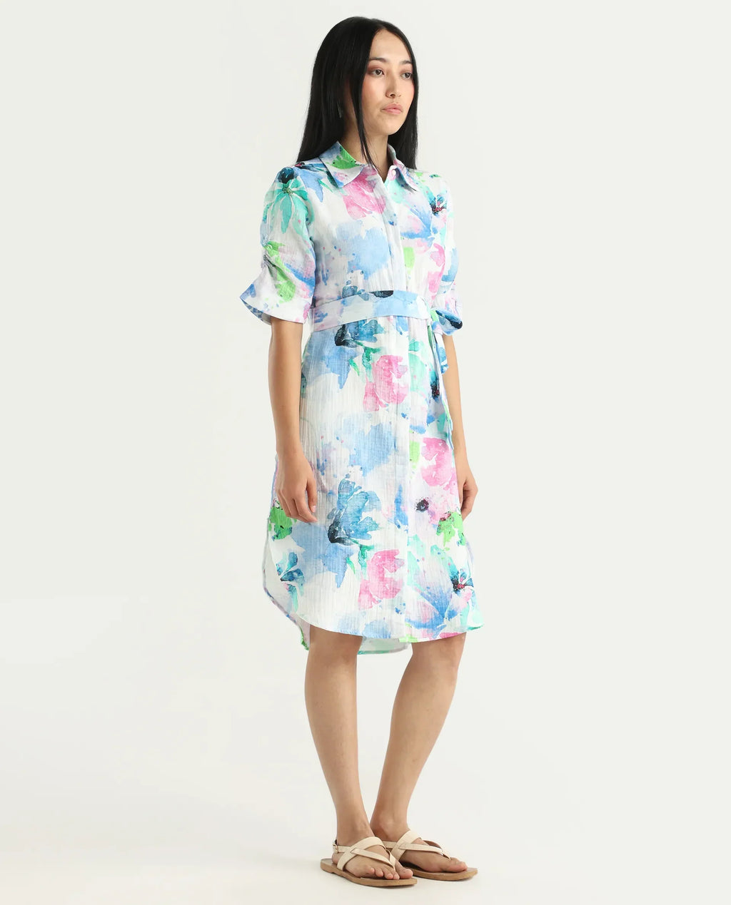 Rareism Women's Dyusa Multi Cotton Drop Collar Floral Print Knee Length A-Line Dress