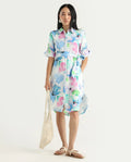 Rareism Women's Dyusa Multi Cotton Drop Collar Floral Print Knee Length A-Line Dress