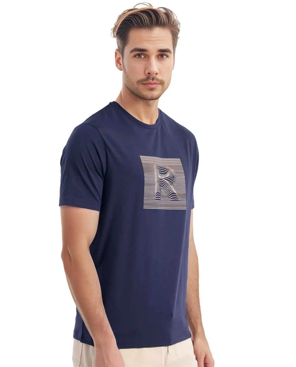 Rare Rabbit Men's Edo Navy Cotton Graphic Print Regular Fit Half Sleeve Crew Neck T-Shirt