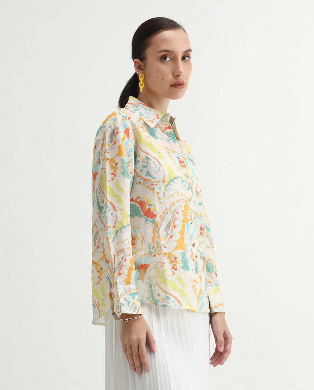 Rareism Women's Egor Flouroscent Multi Cotton Drop Collar Paisley Print Cuffed Sleeve Regular Fit Top