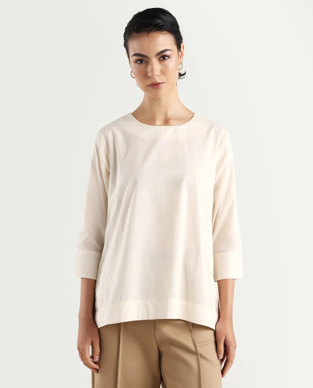 Rareism Women's Ehaan Beige Crew Neck Plain Cuffed Sleeve Regular Fit Top