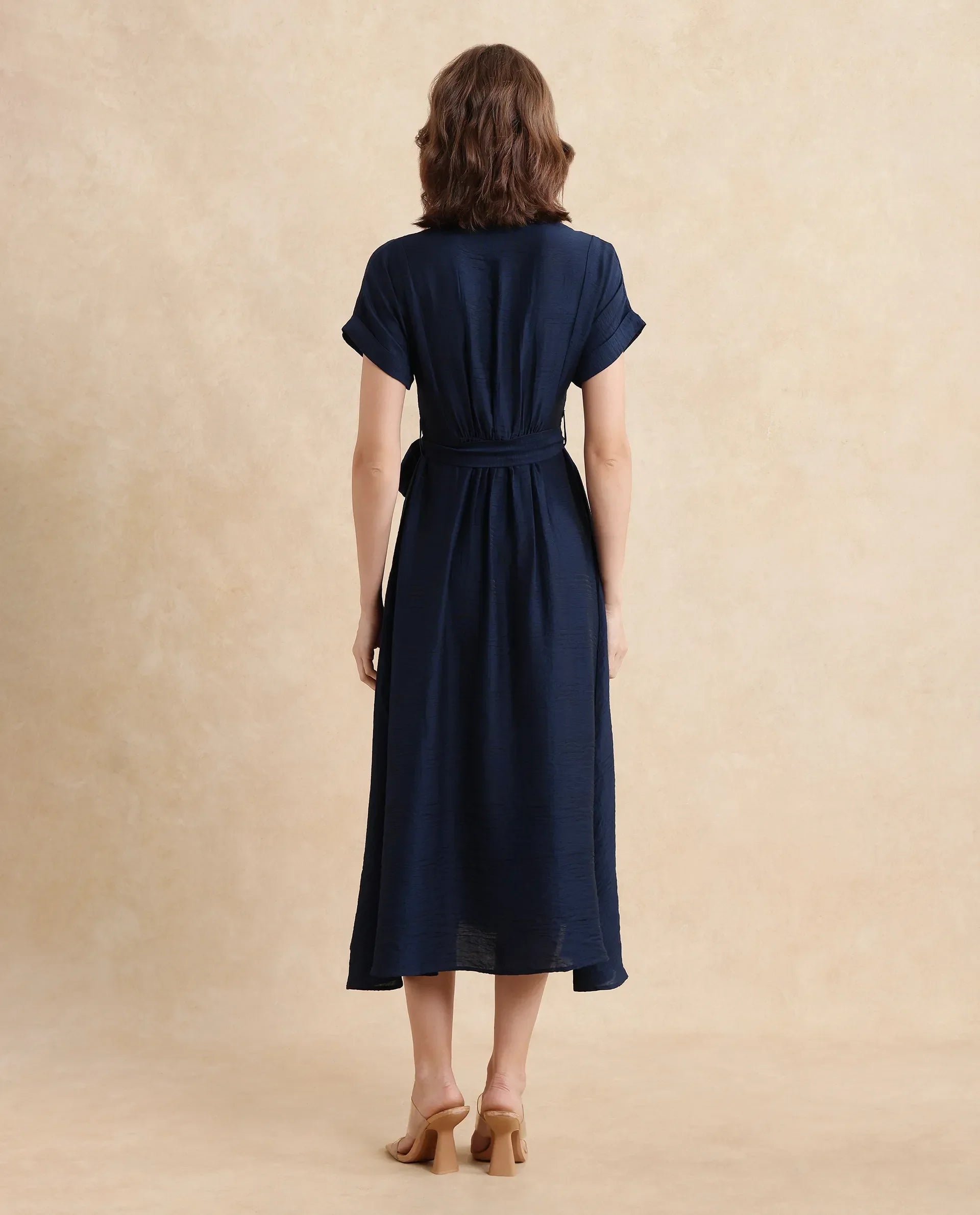 Rareism Women's Ehlum Navy Polyester V-Neck Plain Extended Sleeves Midi Regular Fit Dress