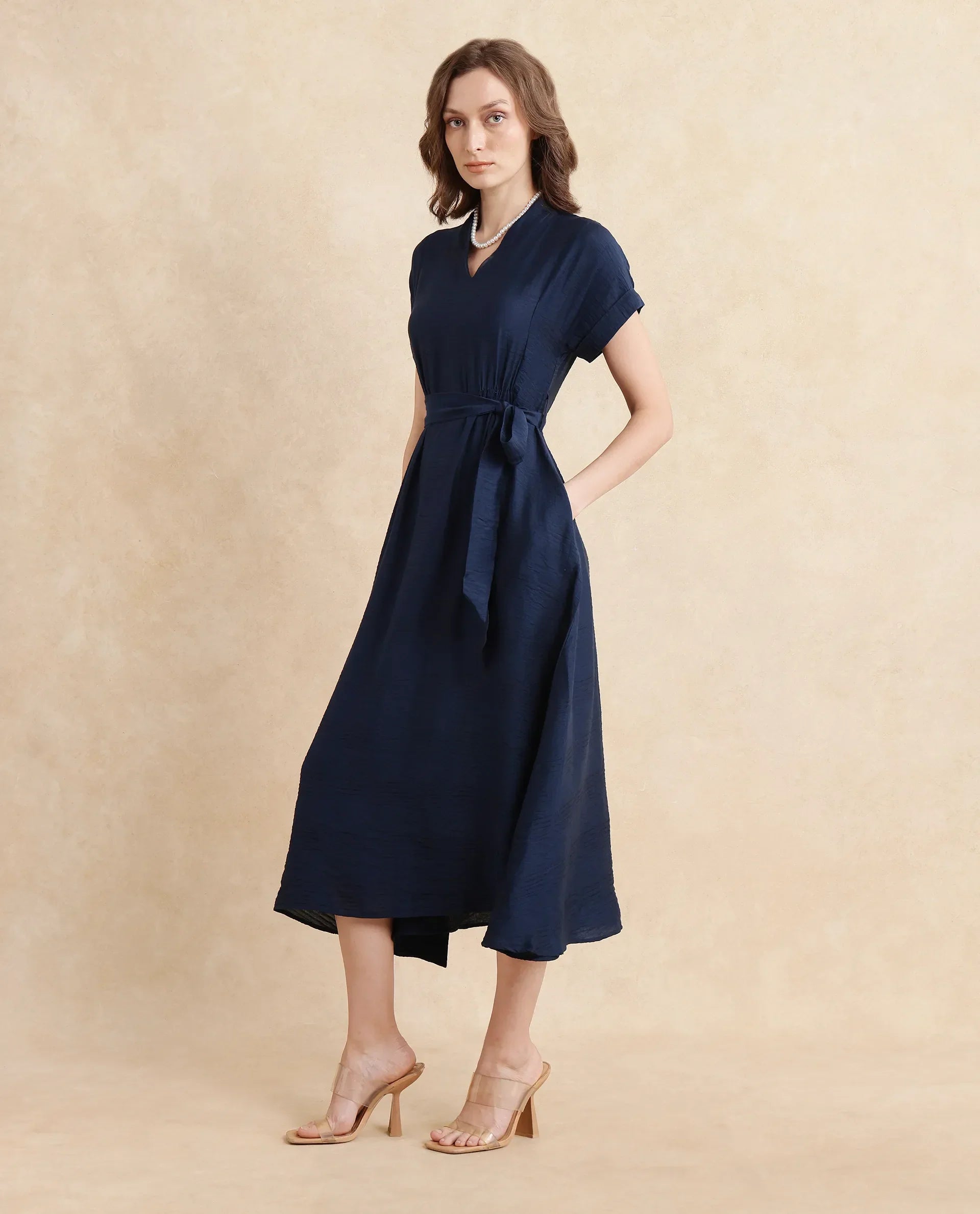 Rareism Women's Ehlum Navy Polyester V-Neck Plain Extended Sleeves Midi Regular Fit Dress