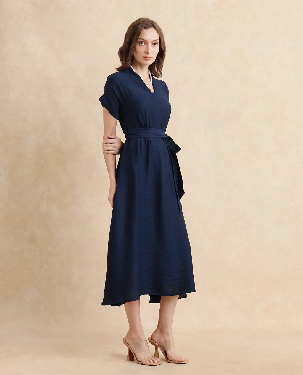 Rareism Women's Ehlum Navy Polyester V-Neck Plain Extended Sleeves Midi Regular Fit Dress