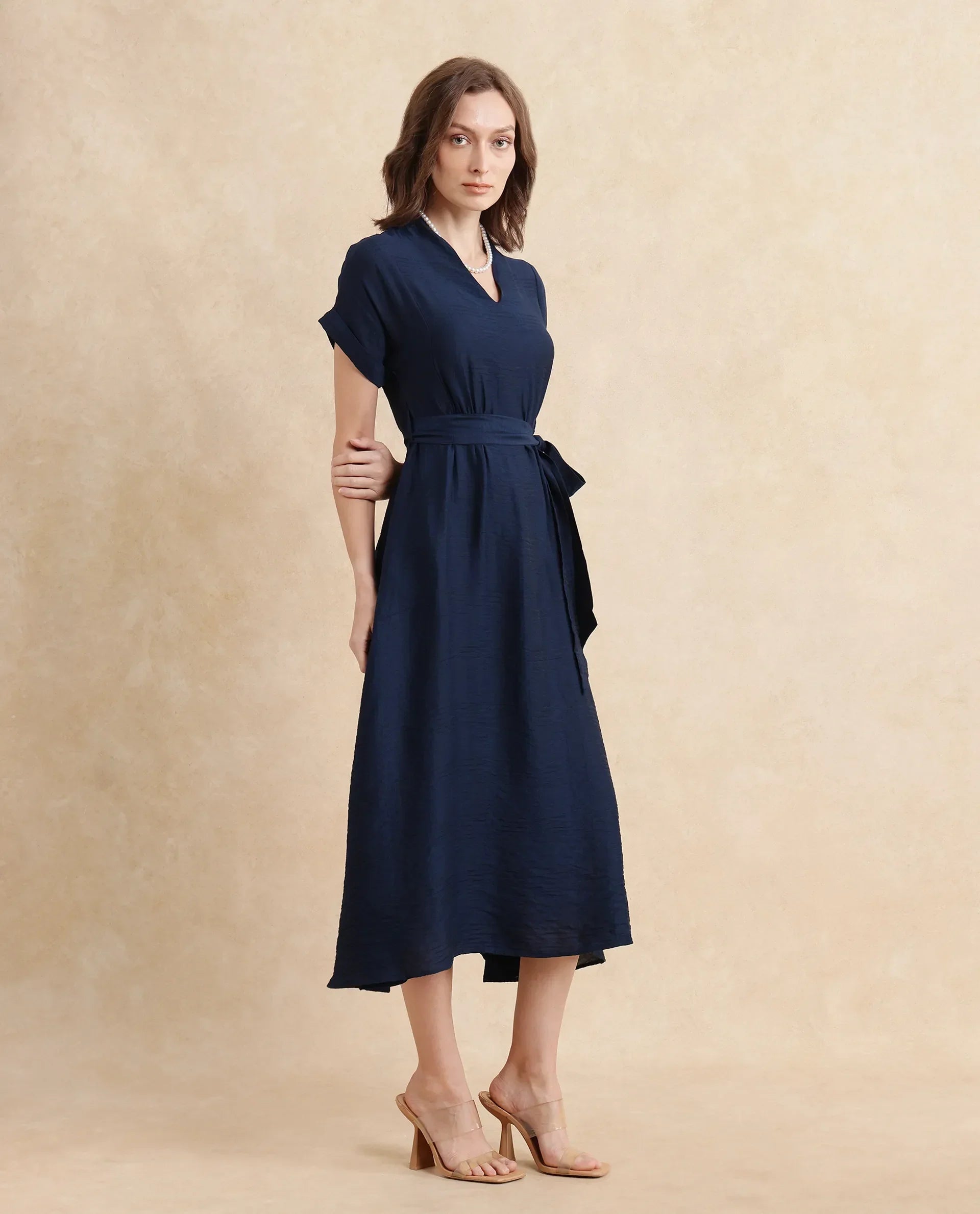 Rareism Women's Ehlum Navy Polyester V-Neck Plain Extended Sleeves Midi Regular Fit Dress