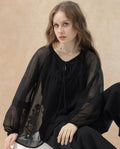 Rareism Women's Ela Black Tie-Up Neck Plain Raglan Sleeve Relaxed Fit Top