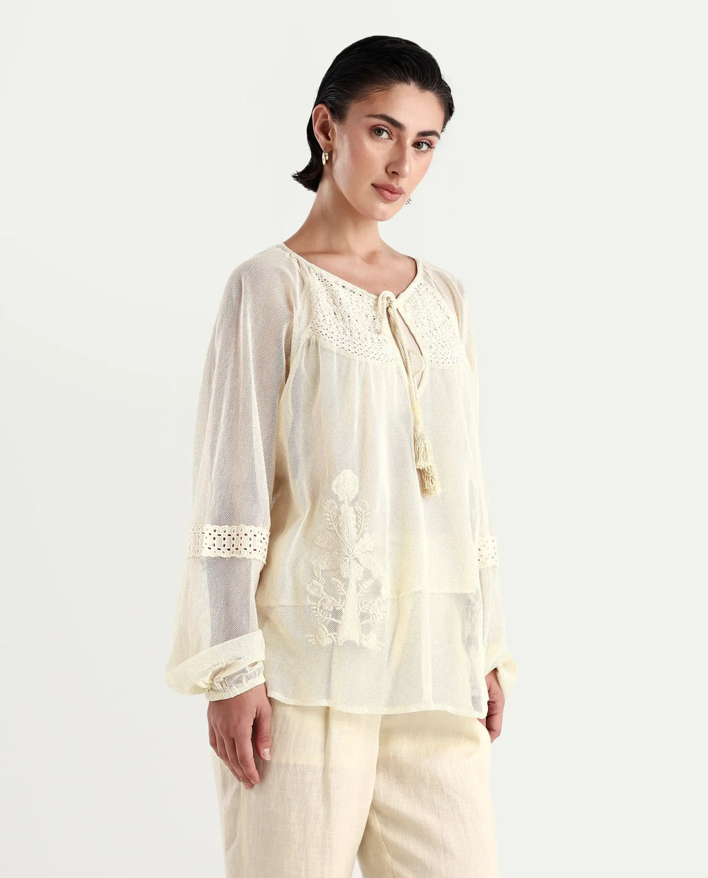 Rareism Women's Ela Light Beige Tie-Up Neck Plain Raglan Sleeve Relaxed Fit Top