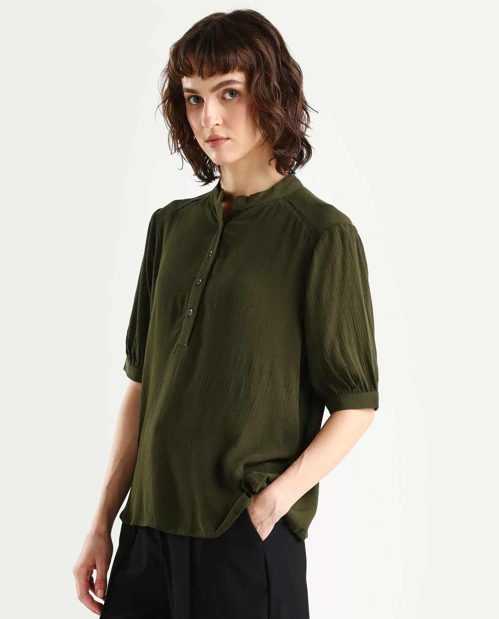 Rareism Women's Elane Olive Viscose Half Sleeve Regular Fit Plain Top