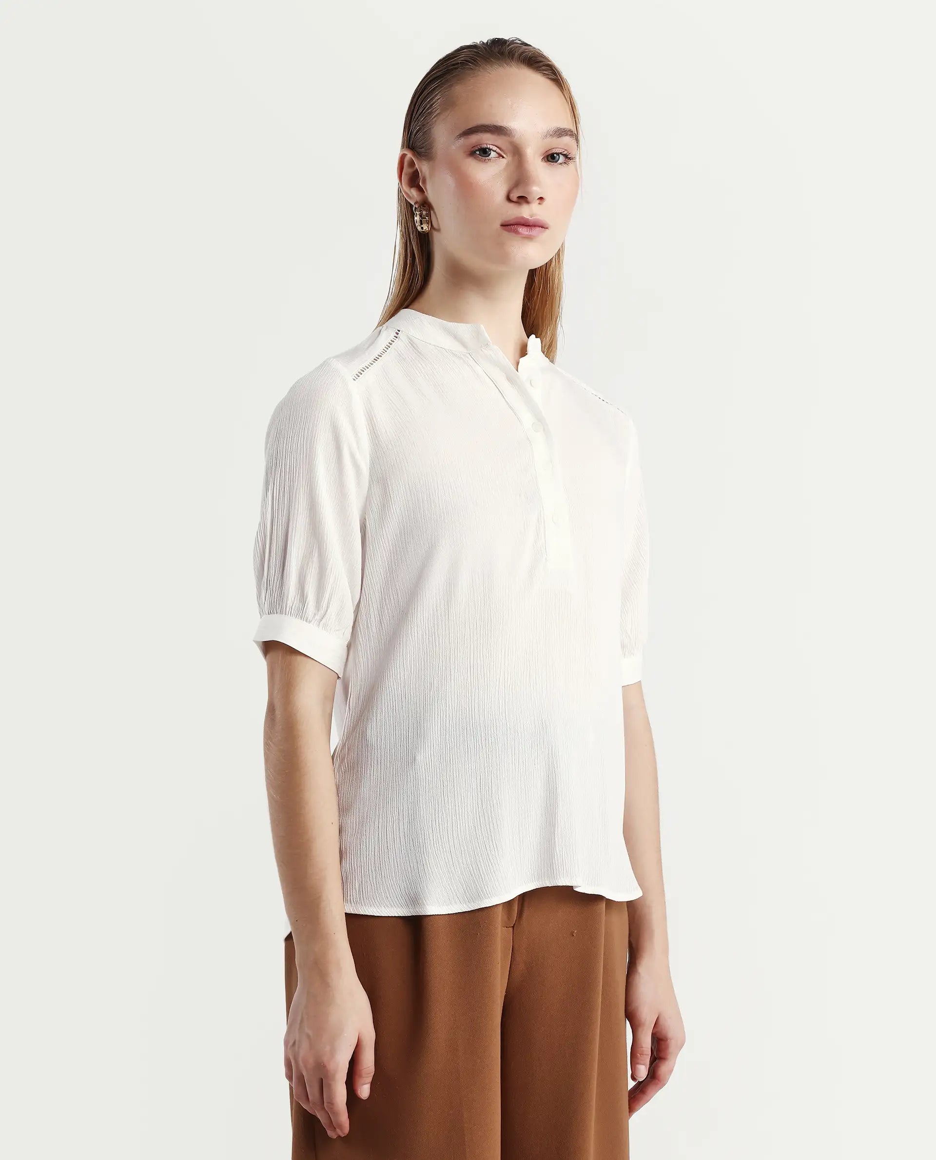 Rareism Women's Elane White Viscose Mandarin Collar Regular Fit Plain Top