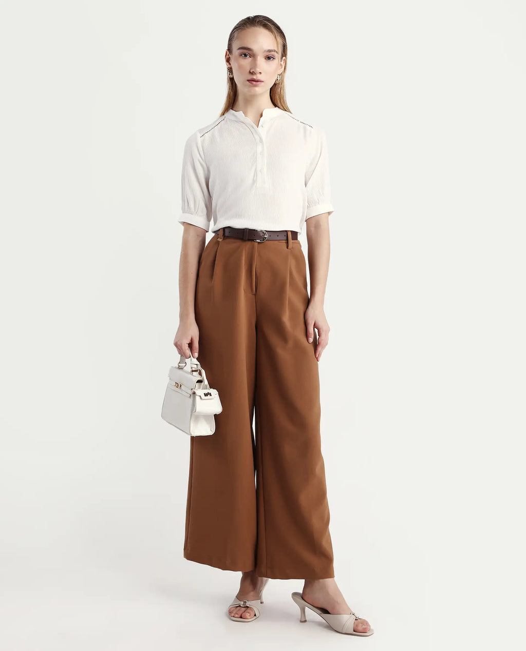 Rareism Women's Elane White Viscose Mandarin Collar Regular Fit Plain Top