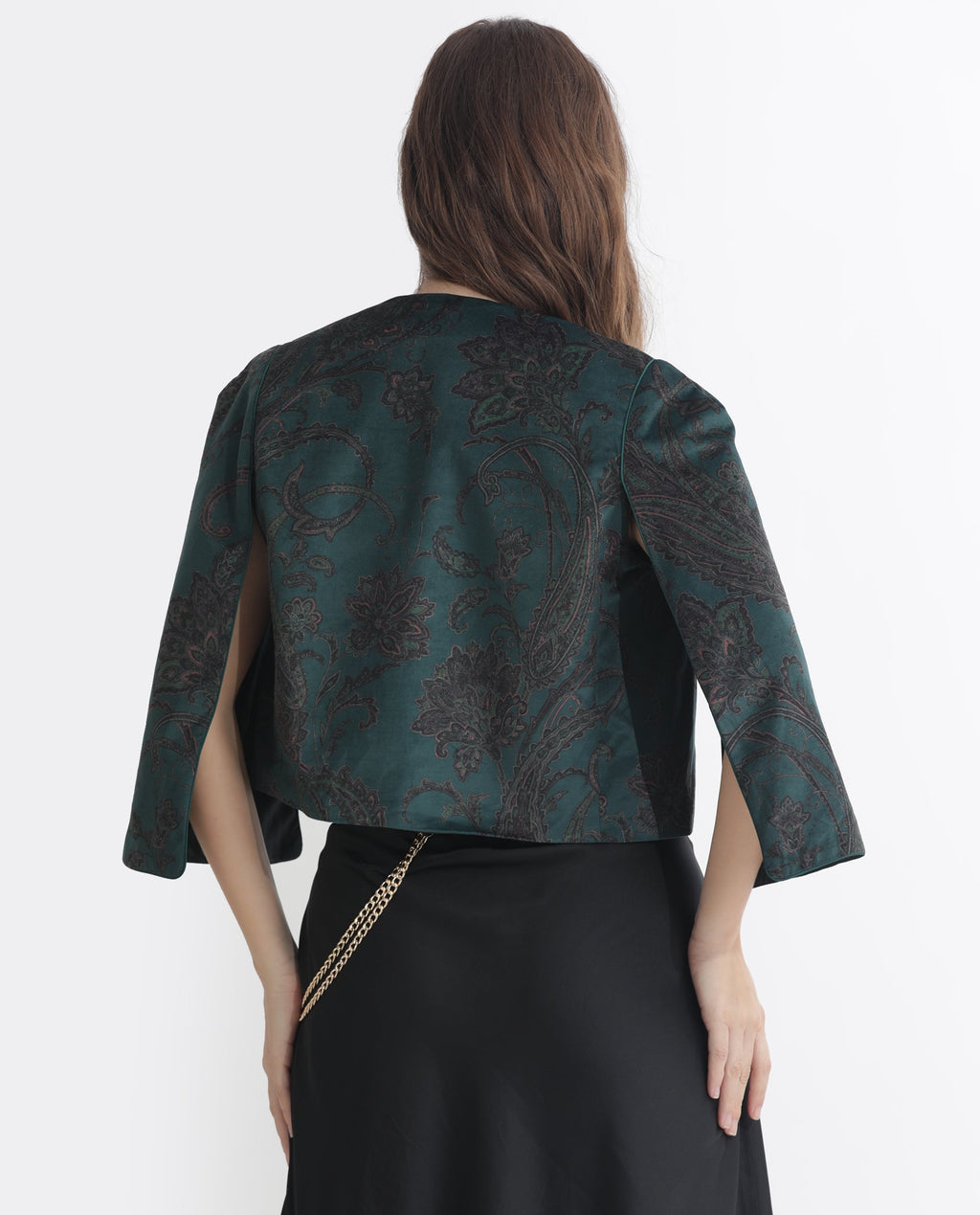 Rareism Women's Elani Green Velvet Collarless Floral Print Cape Sleeve Regular Fit Shrug