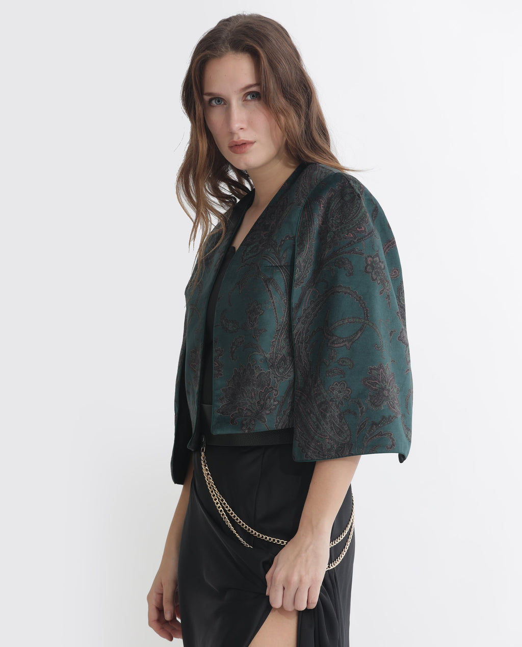 Rareism Women's Elani Green Velvet Collarless Floral Print Cape Sleeve Regular Fit Shrug