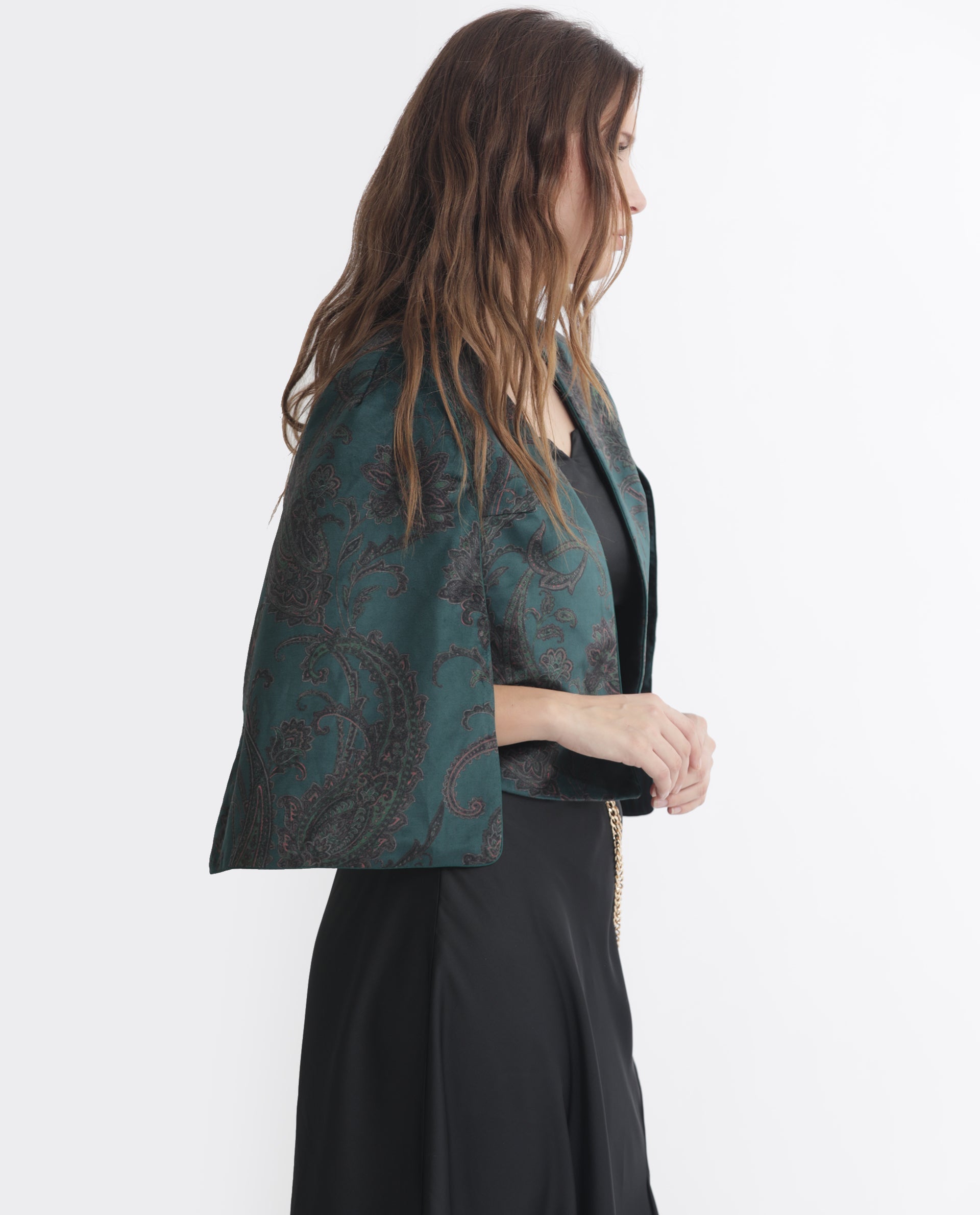 Rareism Women's Elani Green Velvet Collarless Floral Print Cape Sleeve Regular Fit Shrug