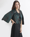 Rareism Women's Elani Green Velvet Collarless Floral Print Cape Sleeve Regular Fit Shrug