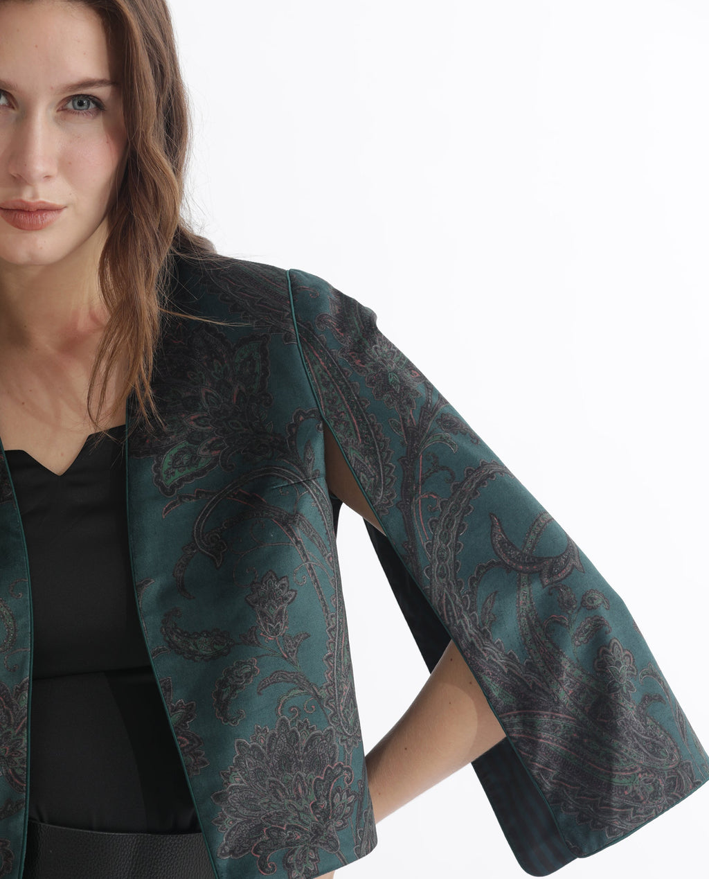 Rareism Women's Elani Green Velvet Collarless Floral Print Cape Sleeve Regular Fit Shrug