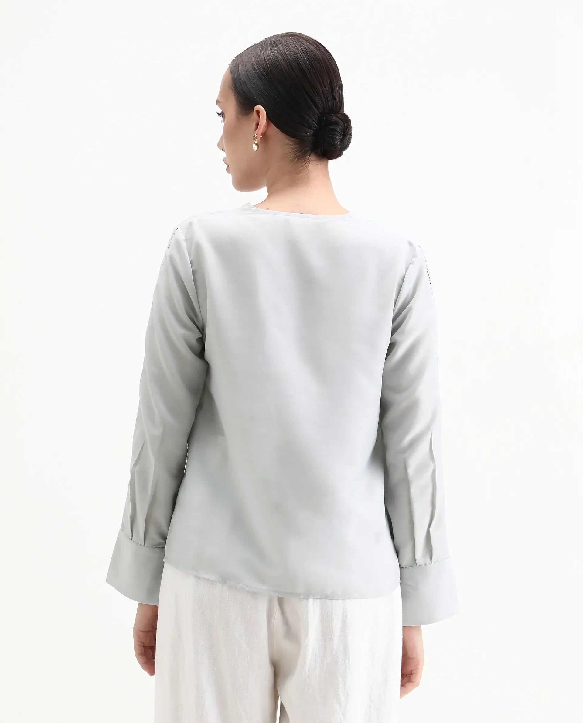 Rareism Women's Elapo Grey Polyester Cuffed Sleeve V-Neck Regular Fit Plain Top