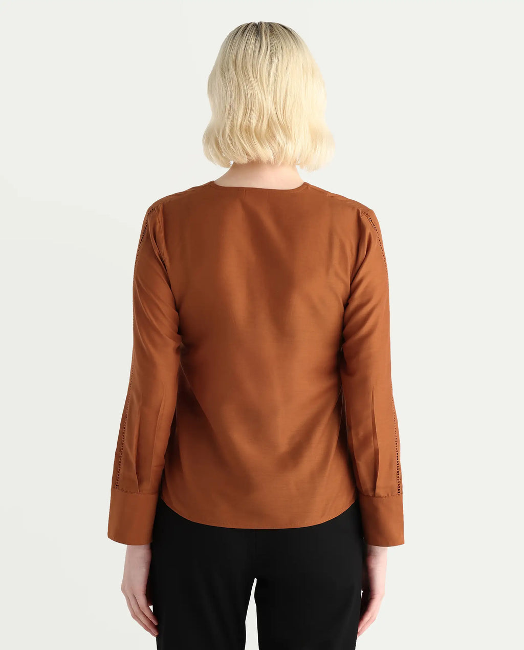 Rareism Women's Elapo Rust Polyester Cuffed Sleeve V-Neck Regular Fit Plain Top